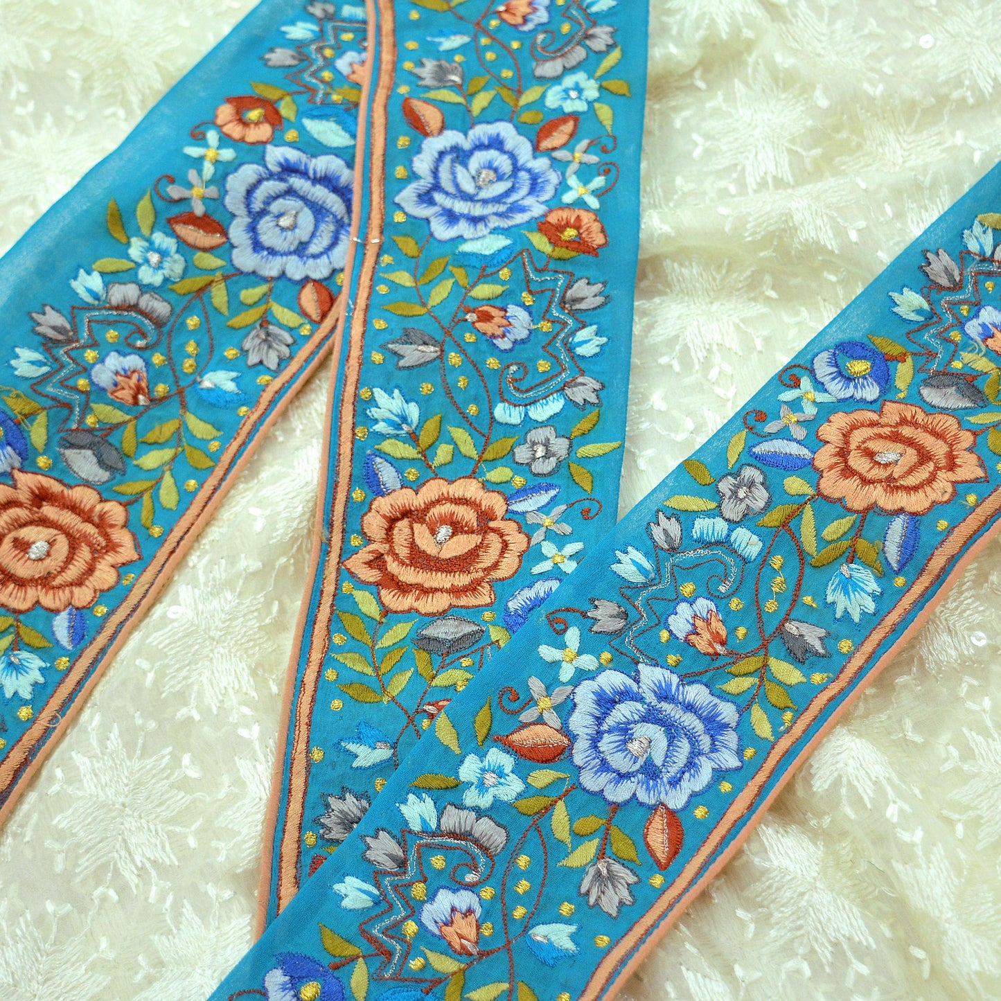 Indian Vintage Blue Sari Border Pure Georgette Silk Hand Embroidered Indian Craft Trim Lace Sewing Sari Ribbon Recycled