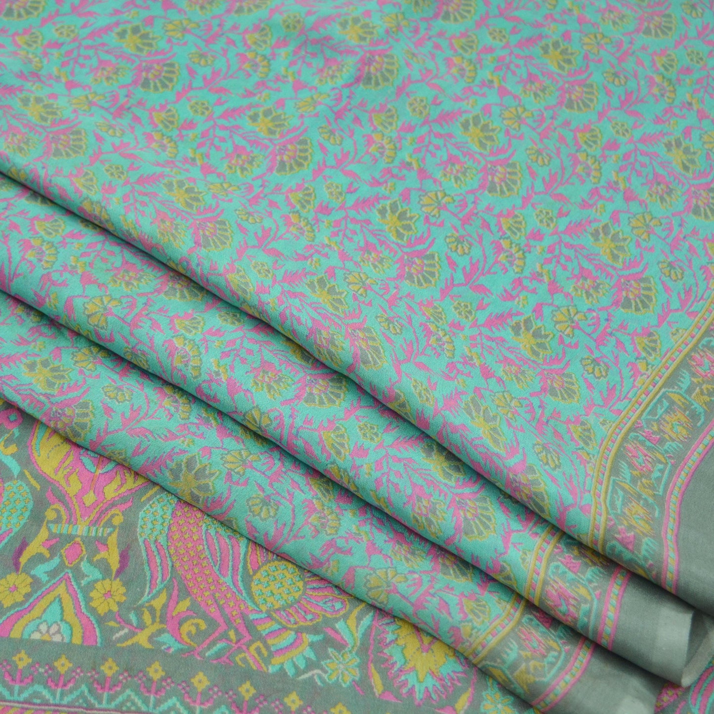 Indian Vintage Sari Green & Gray Pure Silk Printed Sarees Craft Fabric 5yd Sewing Dress Making Soft Floral Crafting Quilting Upcycle Used