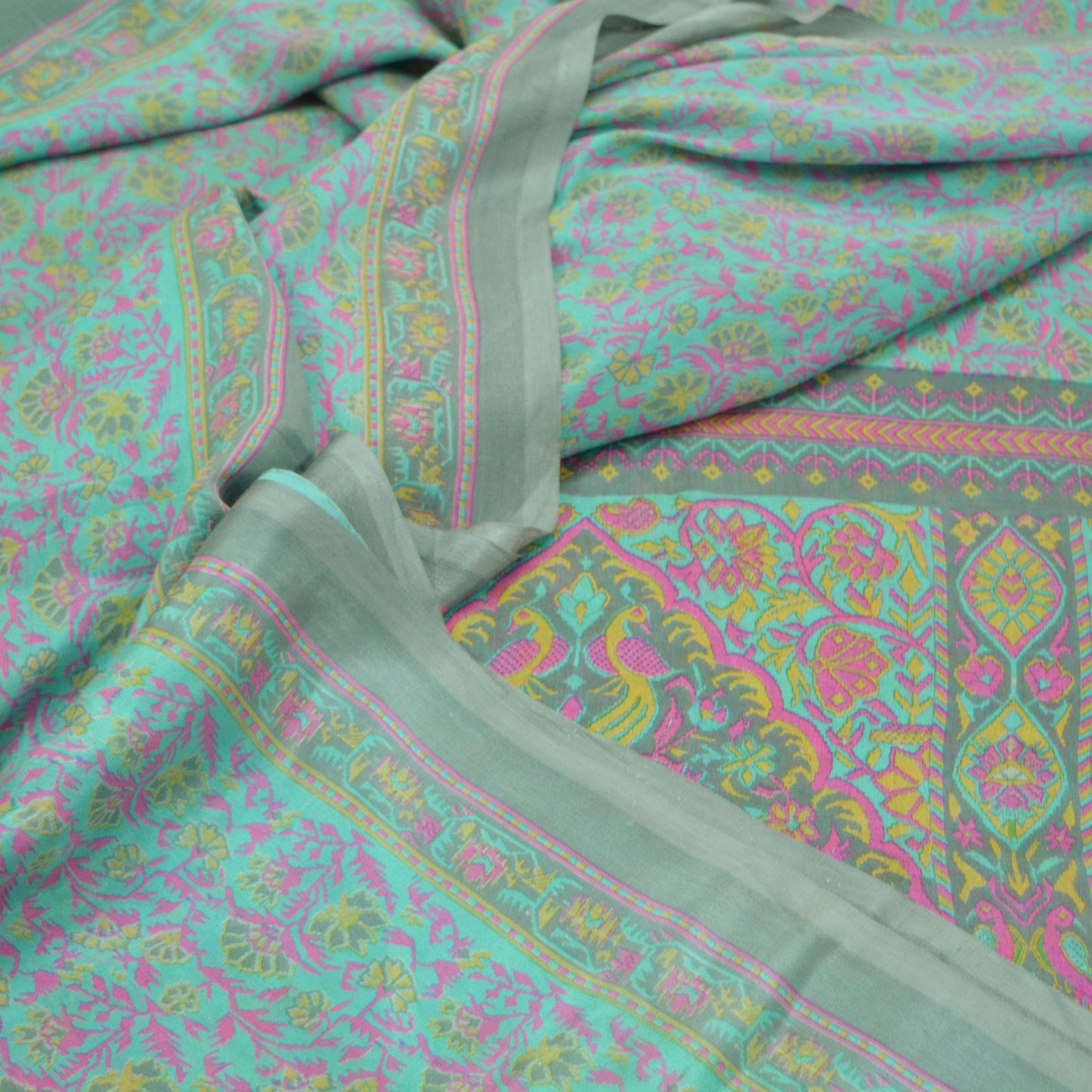 Indian Vintage Sari Green & Gray Pure Silk Printed Sarees Craft Fabric 5yd Sewing Dress Making Soft Floral Crafting Quilting Upcycle Used