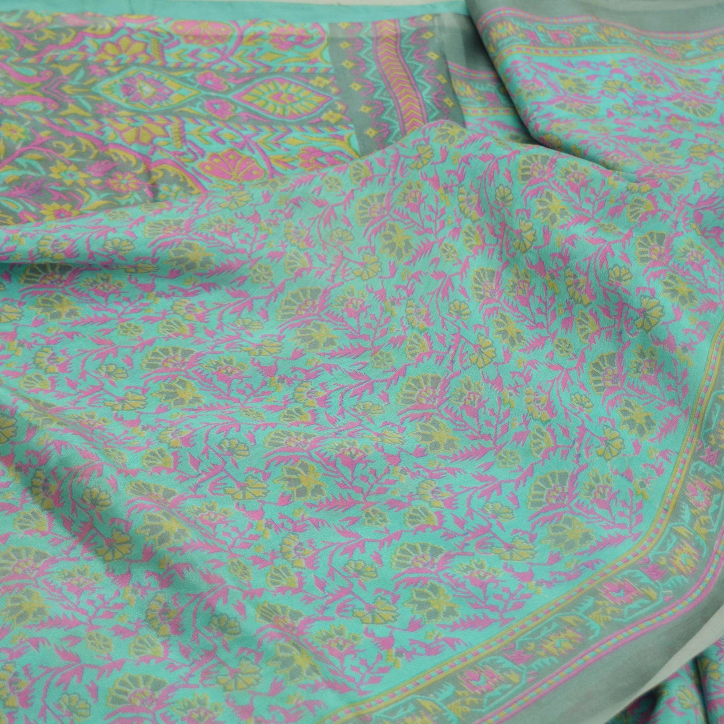 Indian Vintage Sari Green & Gray Pure Silk Printed Sarees Craft Fabric 5yd Sewing Dress Making Soft Floral Crafting Quilting Upcycle Used