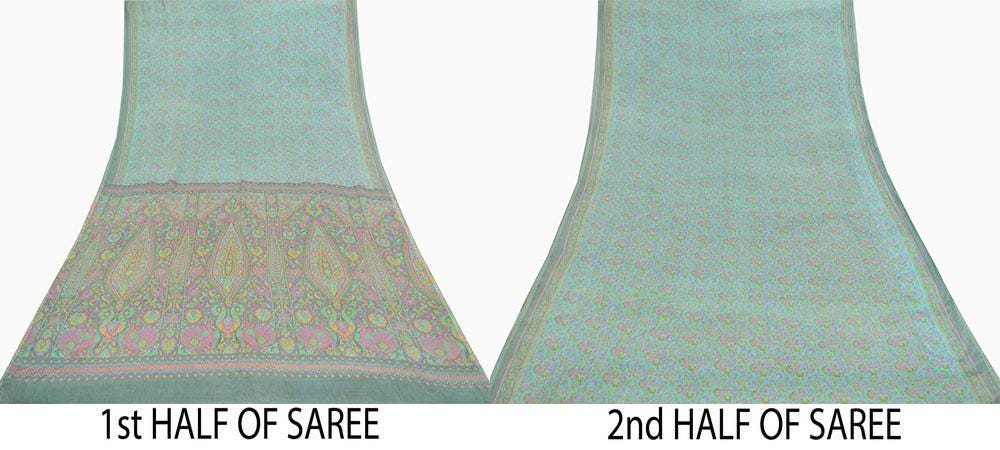 Indian Vintage Sari Green & Gray Pure Silk Printed Sarees Craft Fabric 5yd Sewing Dress Making Soft Floral Crafting Quilting Upcycle Used