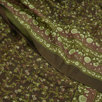 Indian Vintage Sari Brown Printed 100% Pure Silk Sarees 6yd Sewing Craft Fabric Soft Dress Making Wrap Floral Upcycle Quilting Crafting Used