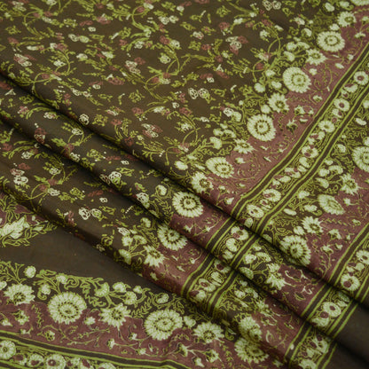 Indian Vintage Sari Brown Printed 100% Pure Silk Sarees 6yd Sewing Craft Fabric Soft Dress Making Wrap Floral Upcycle Quilting Crafting Used