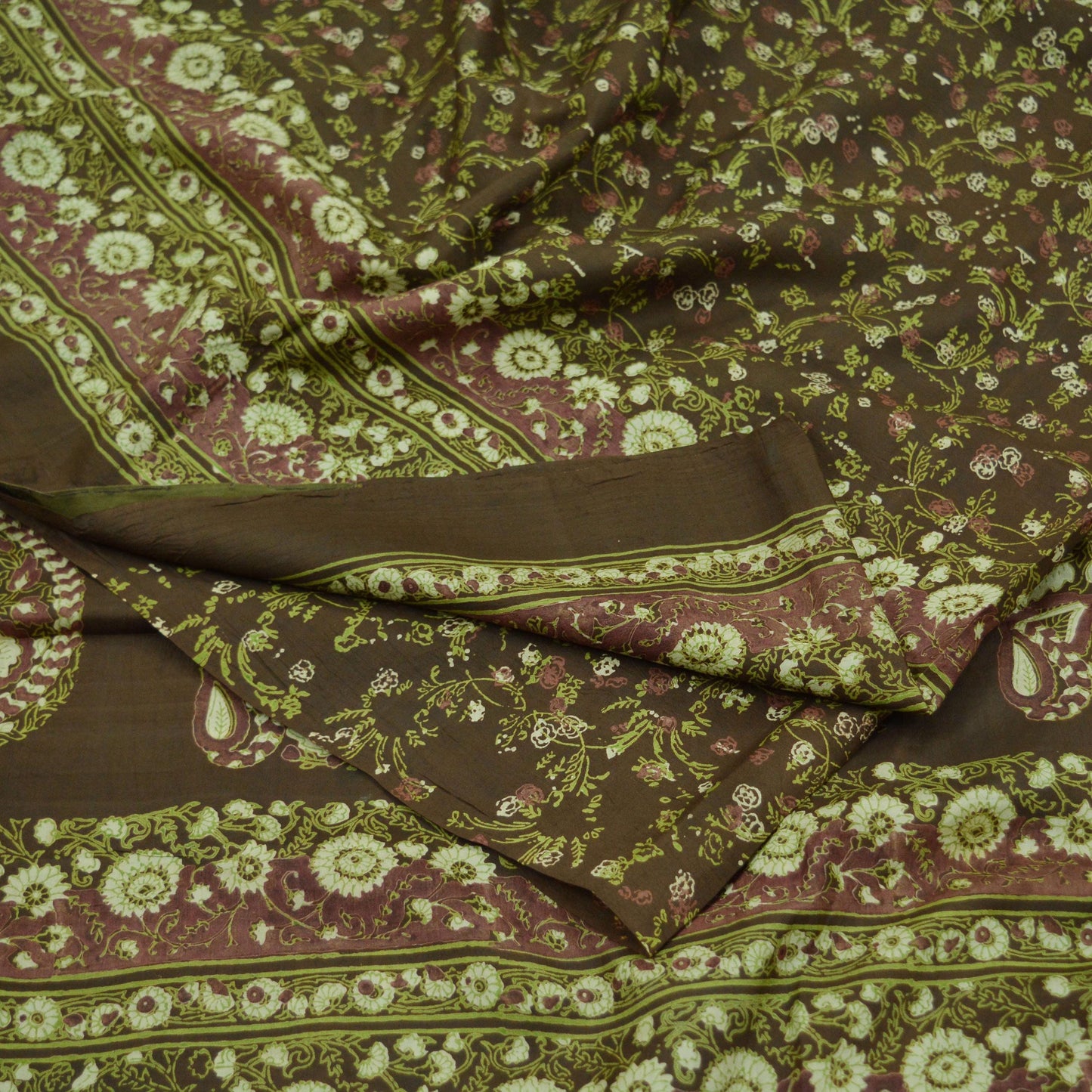 Indian Vintage Sari Brown Printed 100% Pure Silk Sarees 6yd Sewing Craft Fabric Soft Dress Making Wrap Floral Upcycle Quilting Crafting Used