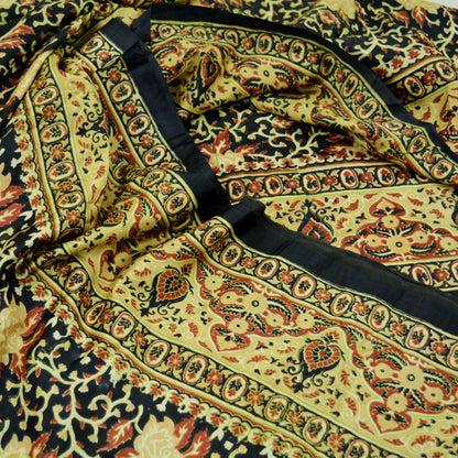 Indian Vintage Sari Black Printed Pure Silk Sarees Craft Fabric 5yd Sewing Floral Soft Dress Designing for Crafting Quilting Upcycle Wrap