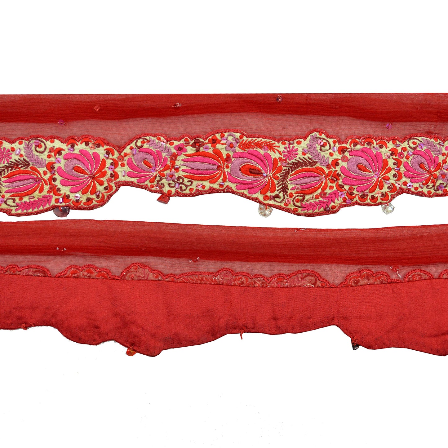 Indian Vintage Red Sari Border Pure Chiffon Silk Hand Embroidered Craft Trim Lace Sewing Sari Ribbon Recycled 1yd