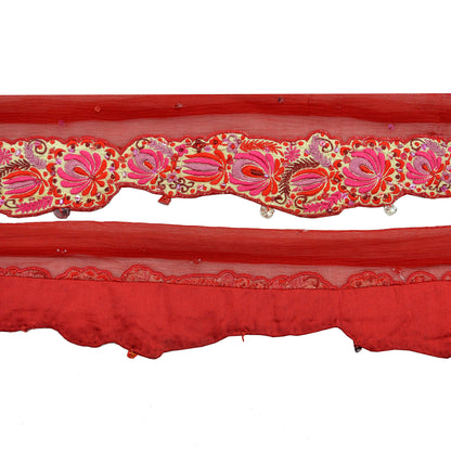 Indian Vintage Red Sari Border Pure Chiffon Silk Hand Embroidered Craft Trim Lace Sewing Sari Ribbon Recycled 1yd