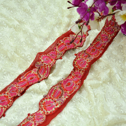 Indian Vintage Red Sari Border Pure Chiffon Silk Hand Embroidered Craft Trim Lace Sewing Sari Ribbon Recycled 1yd