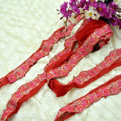 Indian Vintage Red Sari Border Pure Chiffon Silk Hand Embroidered Craft Trim Lace Sewing Sari Ribbon Recycled 1yd