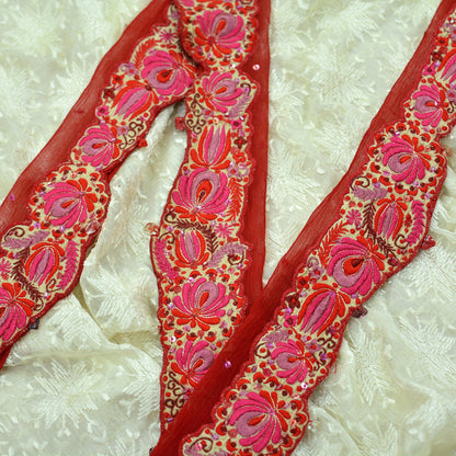 Indian Vintage Red Sari Border Pure Chiffon Silk Hand Embroidered Craft Trim Lace Sewing Sari Ribbon Recycled 1yd