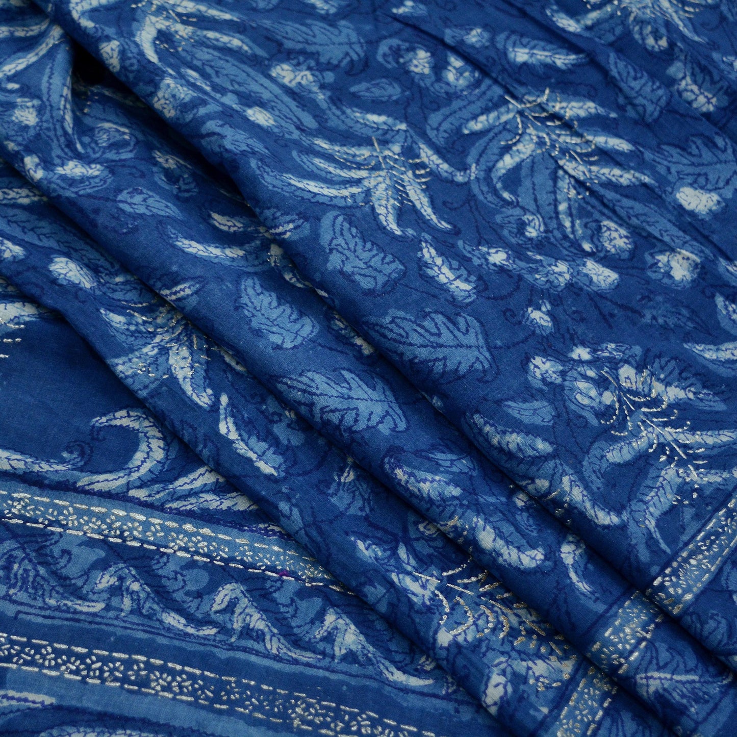 Indian Vintage Blue Saree Hand Block Printed/Painted 100% Pure Cotton Sari Soft Craft Fabric 5Yd Dress making Crafting Upcycle Quilting