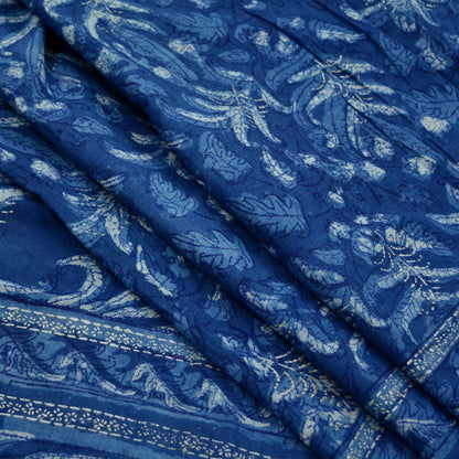 Indian Vintage Blue Saree Hand Block Printed/Painted 100% Pure Cotton Sari Soft Craft Fabric 5Yd Dress making Crafting Upcycle Quilting