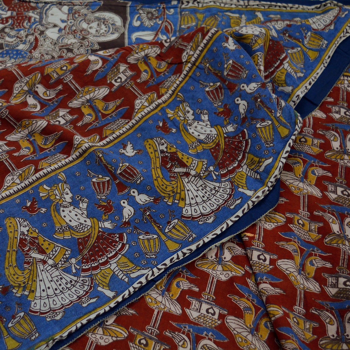 Indian Vintage Sari Red & Blue Pure Cotton Hand Kalamkari Sarees Craft Fabric 5Yd Lady Soft  Sewing Sarong Quilting Crafting Upcycle