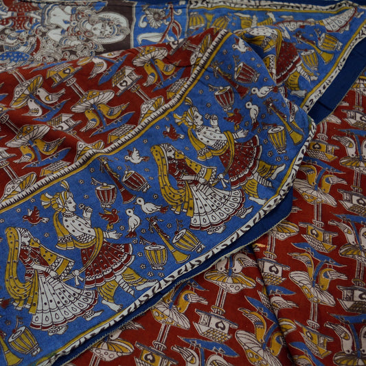 Indian Vintage Sari Red & Blue Pure Cotton Hand Kalamkari Sarees Craft Fabric 5Yd Lady Soft  Sewing Sarong Quilting Crafting Upcycle