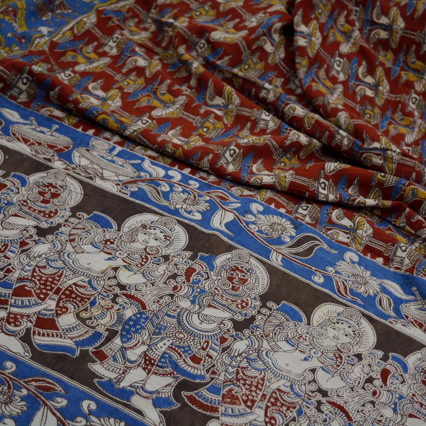 Indian Vintage Sari Red & Blue Pure Cotton Hand Kalamkari Sarees Craft Fabric 5Yd Lady Soft  Sewing Sarong Quilting Crafting Upcycle