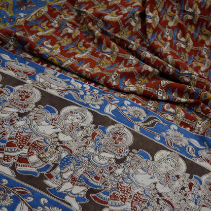 Indian Vintage Sari Red & Blue Pure Cotton Hand Kalamkari Sarees Craft Fabric 5Yd Lady Soft  Sewing Sarong Quilting Crafting Upcycle
