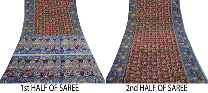 Indian Vintage Sari Red & Blue Pure Cotton Hand Kalamkari Sarees Craft Fabric 5Yd Lady Soft  Sewing Sarong Quilting Crafting Upcycle