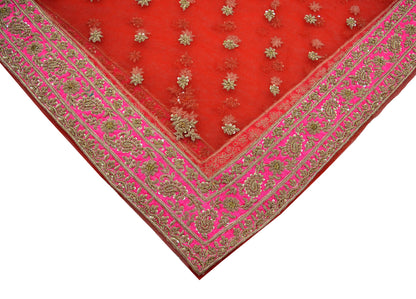 Indian Vintage Heavy Bridal Red Dupatta Net Mesh Long Stole Hand Embroidered Scarves Golden Zardozi Dabka Zari Sequins Wedding Veil Hijab