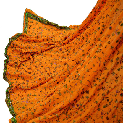 Indian Vintage Heavy Saffron Dupatta Pure Silk Long Stole Hand Embroidered Scarves Zardozi Bridal Veil Hijab