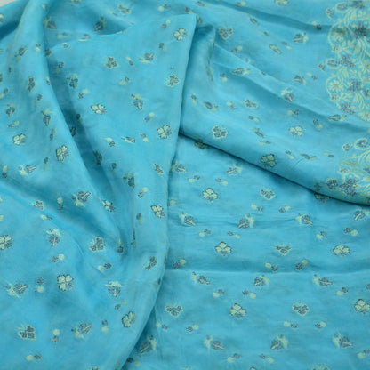 Indian Vintage Blue Dupatta Long Stole Pure Silk Hand Woven Scarves Veil Scarf Wrap Floral