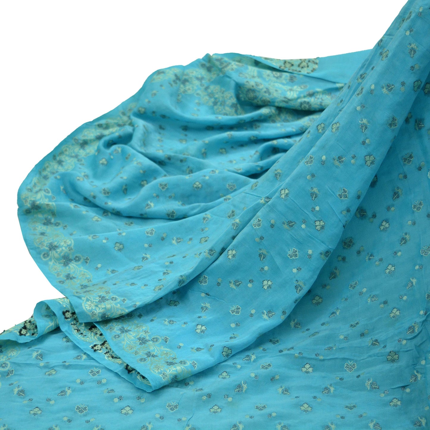 Indian Vintage Blue Dupatta Long Stole Pure Silk Hand Woven Scarves Veil Scarf Wrap Floral