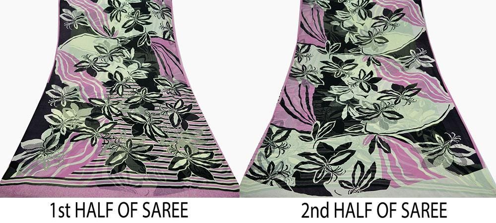 Women Indian Vintage Sari Ivory & Black Pure Georgette Silk Printed Sarees Craft Fabric Sewing 5Yd Soft Dress Making Quilting Crafting