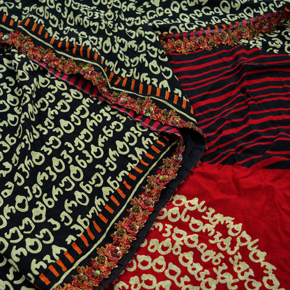 Indian Vintage Sari Red & Black Pure Crepe Silk Printed Sarees Craft Fabric 5yd Sewing Floral Soft Wrap Dress making Upcycle Crafting