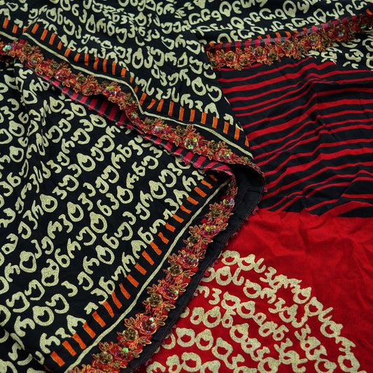 Indian Vintage Sari Red & Black Pure Crepe Silk Printed Sarees Craft Fabric 5yd Sewing Floral Soft Wrap Dress making Upcycle Crafting