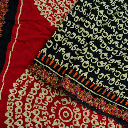 Indian Vintage Sari Red & Black Pure Crepe Silk Printed Sarees Craft Fabric 5yd Sewing Floral Soft Wrap Dress making Upcycle Crafting