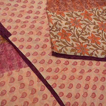 Indian Vintage Sari Beige & Peach Pure Georgette Silk Printed Sarees 6Yd Craft Fabric Sewing Quilting Dress making Crafting Quilting Upcycle