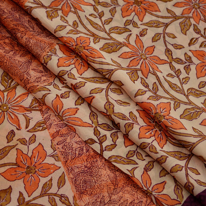 Indian Vintage Sari Beige & Peach Pure Georgette Silk Printed Sarees 6Yd Craft Fabric Sewing Quilting Dress making Crafting Quilting Upcycle