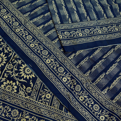 Indian Vintage Sari Deep Blue 100% Pure Silk Printed Sarees 6yd Sewing Craft Fabric Dress Making Floral Wrap used Quilting Crafting Upcycle