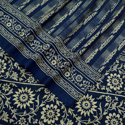 Indian Vintage Sari Deep Blue 100% Pure Silk Printed Sarees 6yd Sewing Craft Fabric Dress Making Floral Wrap used Quilting Crafting Upcycle