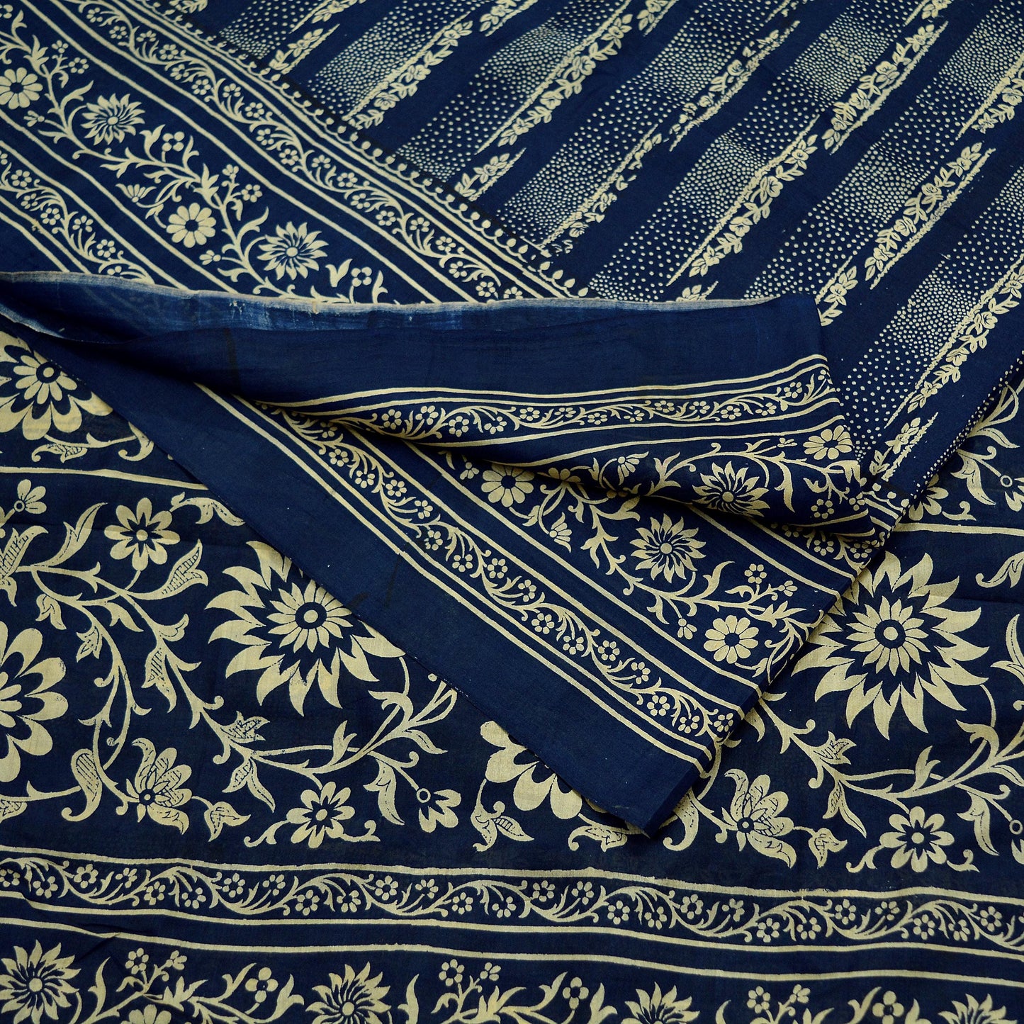 Indian Vintage Sari Deep Blue 100% Pure Silk Printed Sarees 6yd Sewing Craft Fabric Dress Making Floral Wrap used Quilting Crafting Upcycle