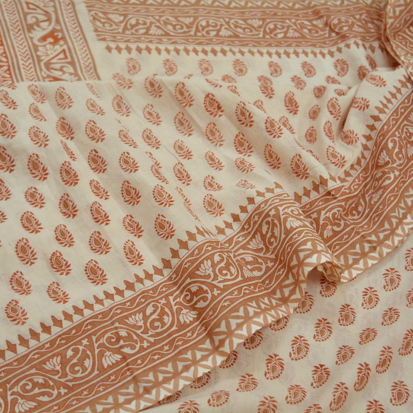 Indian Vintage Sari Brown & Ivory Printed Pure Cotton Sarees 5Yd Craft Fabric Soft Sewing Sarong Wrap Boho Upcycle quilting Dress making