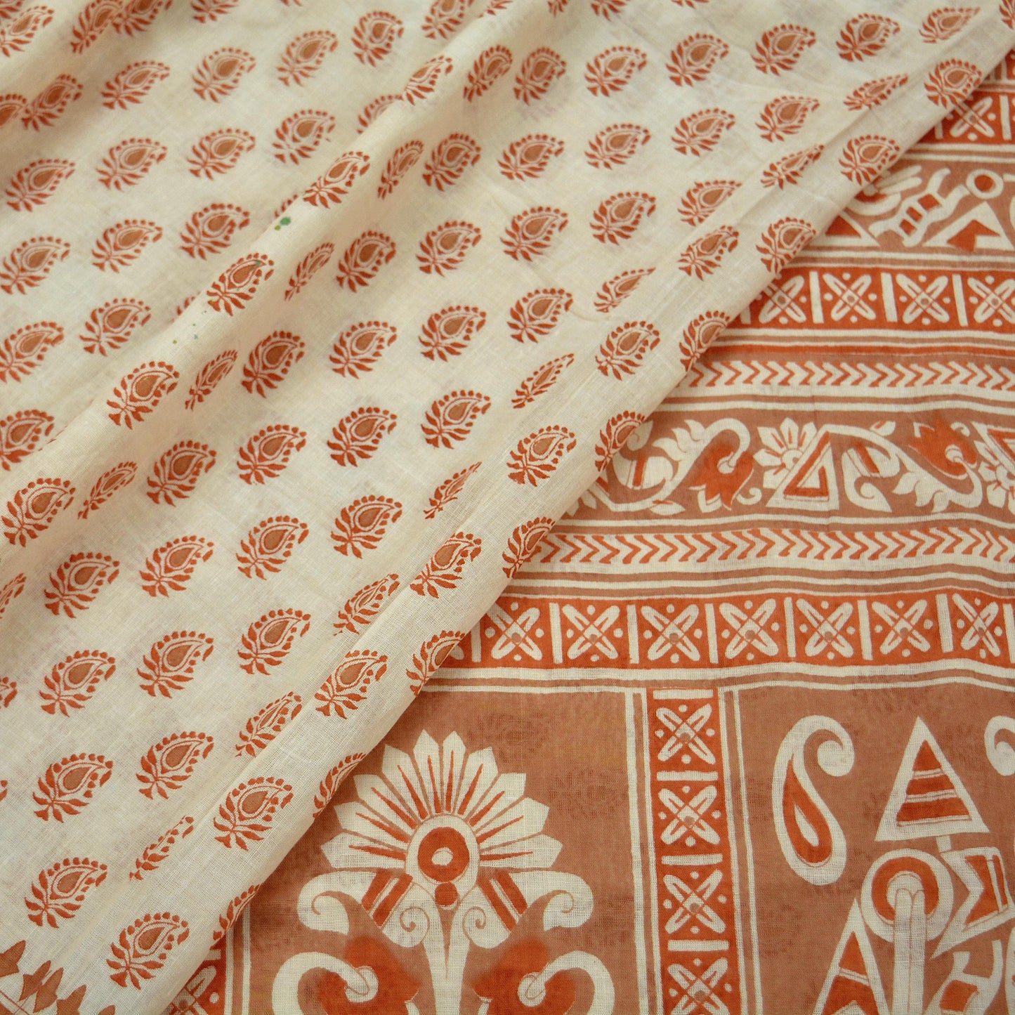 Indian Vintage Sari Brown & Ivory Printed Pure Cotton Sarees 5Yd Craft Fabric Soft Sewing Sarong Wrap Boho Upcycle quilting Dress making