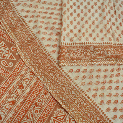 Indian Vintage Sari Brown & Ivory Printed Pure Cotton Sarees 5Yd Craft Fabric Soft Sewing Sarong Wrap Boho Upcycle quilting Dress making