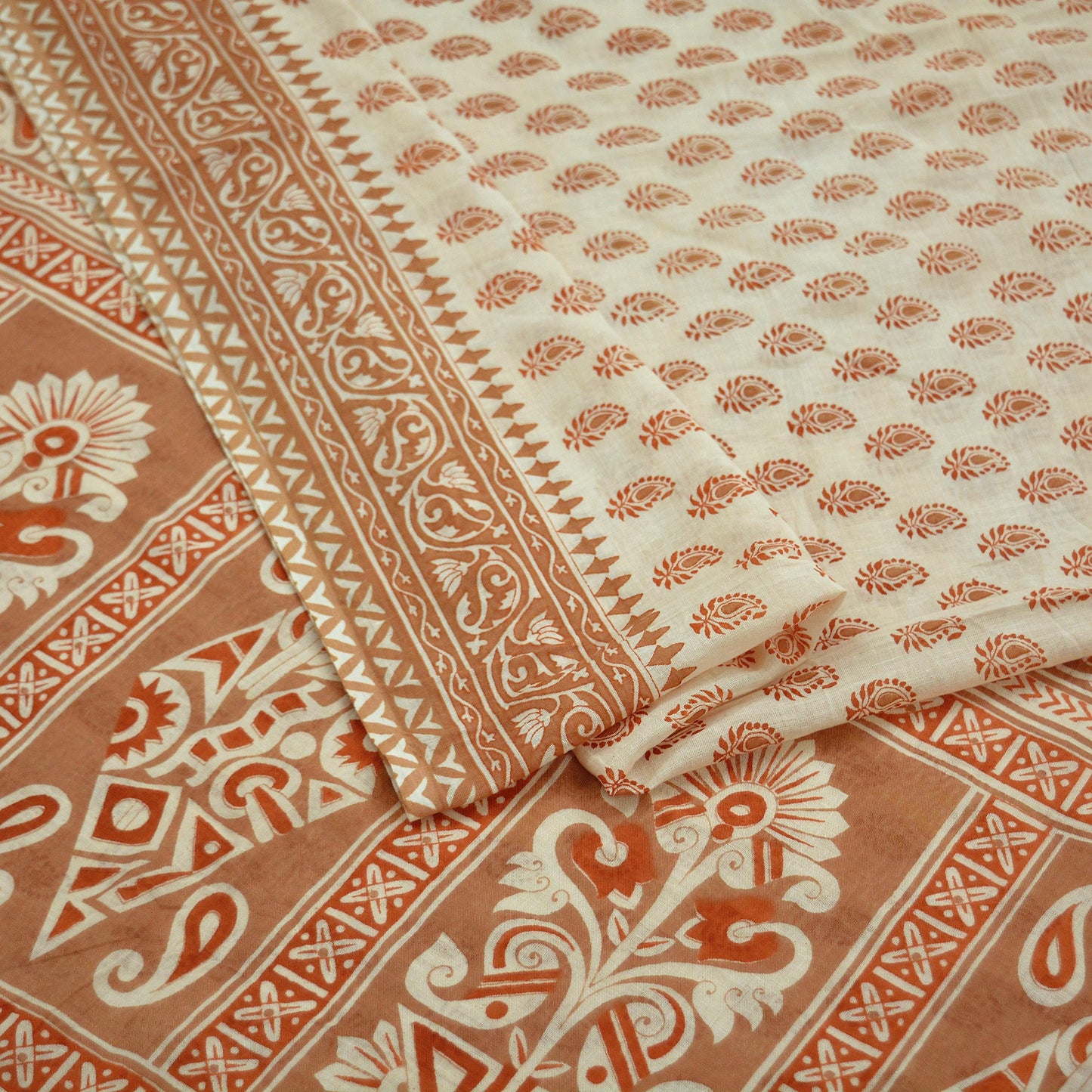 Indian Vintage Sari Brown & Ivory Printed Pure Cotton Sarees 5Yd Craft Fabric Soft Sewing Sarong Wrap Boho Upcycle quilting Dress making