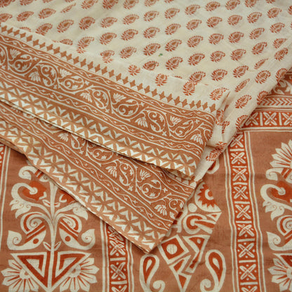 Indian Vintage Sari Brown & Ivory Printed Pure Cotton Sarees 5Yd Craft Fabric Soft Sewing Sarong Wrap Boho Upcycle quilting Dress making