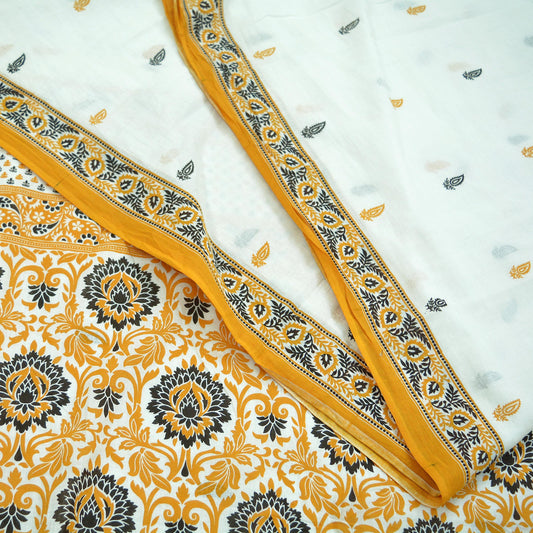 Indian Vintage Sari White & Mustard Printed Pure Cotton Sarees Craft Fabric 5Yd Soft Sewing Sarong Wrap Boho Floral Quilting Dress making