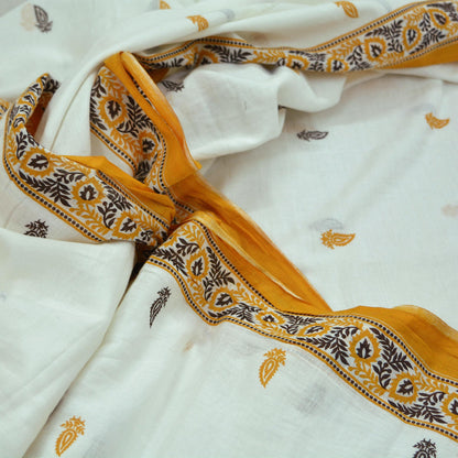 Indian Vintage Sari White & Mustard Printed Pure Cotton Sarees Craft Fabric 5Yd Soft Sewing Sarong Wrap Boho Floral Quilting Dress making