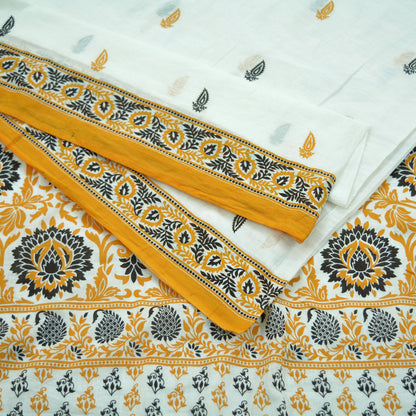 Indian Vintage Sari White & Mustard Printed Pure Cotton Sarees Craft Fabric 5Yd Soft Sewing Sarong Wrap Boho Floral Quilting Dress making