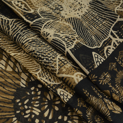 Indian Vintage Sari Beige & Black Printed Pure Cotton Sarees Fabric Floral 5Yd Sarong Wrap Boho Fabric Kimono Soft Dress making Crafting