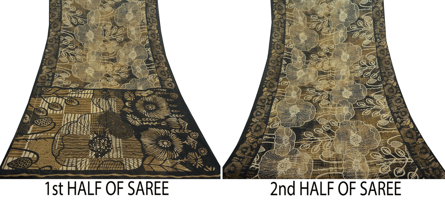 Indian Vintage Sari Beige & Black Printed Pure Cotton Sarees Fabric Floral 5Yd Sarong Wrap Boho Fabric Kimono Soft Dress making Crafting