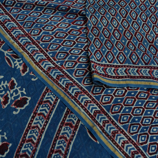 Indian Vintage Sari Blue Pure chanderi Silk Bagru Printed Saree 5Yd Fabric Floral Soft Zari Border Ethnic Upcycle Crafting Dress making