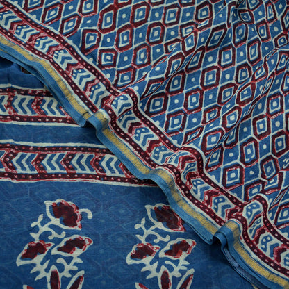 Indian Vintage Sari Blue Pure chanderi Silk Bagru Printed Saree 5Yd Fabric Floral Soft Zari Border Ethnic Upcycle Crafting Dress making