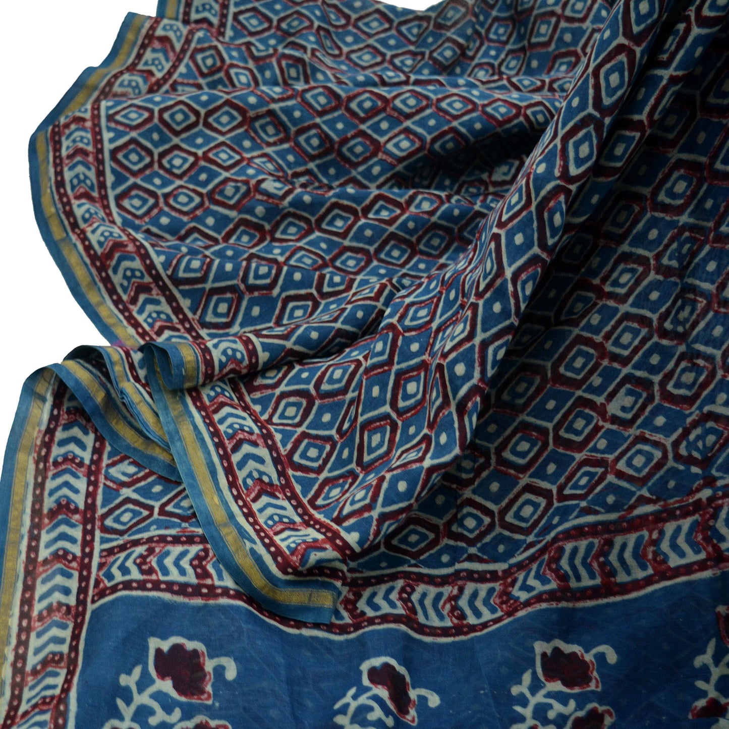 Indian Vintage Sari Blue Pure chanderi Silk Bagru Printed Saree 5Yd Fabric Floral Soft Zari Border Ethnic Upcycle Crafting Dress making