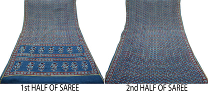 Indian Vintage Sari Blue Pure chanderi Silk Bagru Printed Saree 5Yd Fabric Floral Soft Zari Border Ethnic Upcycle Crafting Dress making