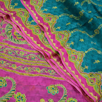 Indian Vintage Sari 100% Pure Silk Green & Pink Hand Beaded Zari Sarees Ethnic Floral 6yd Sequins Dress making Crafting Quilting