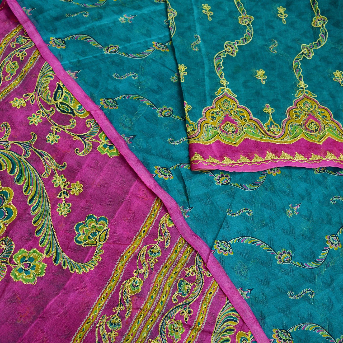 Indian Vintage Sari 100% Pure Silk Green & Pink Hand Beaded Zari Sarees Ethnic Floral 6yd Sequins Dress making Crafting Quilting